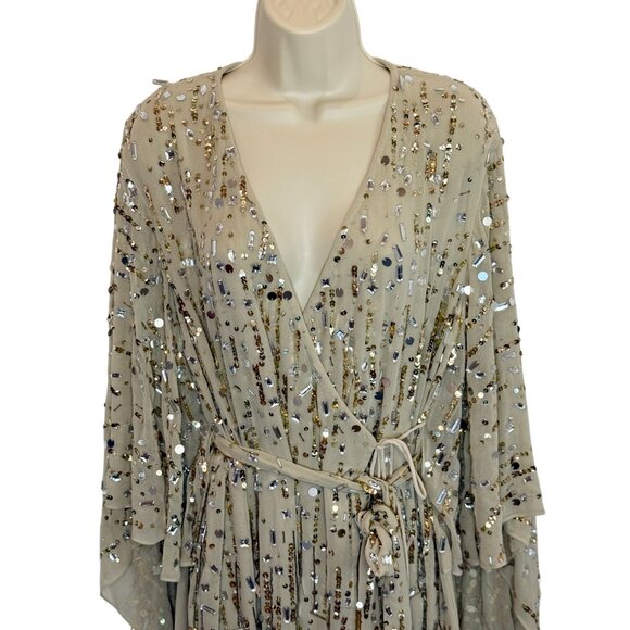 NEW Mac Duggal 94044 Gold Sequin Beaded Kimono Sleeve Wrap Mini Dress - Size M - Picture 10 of 10